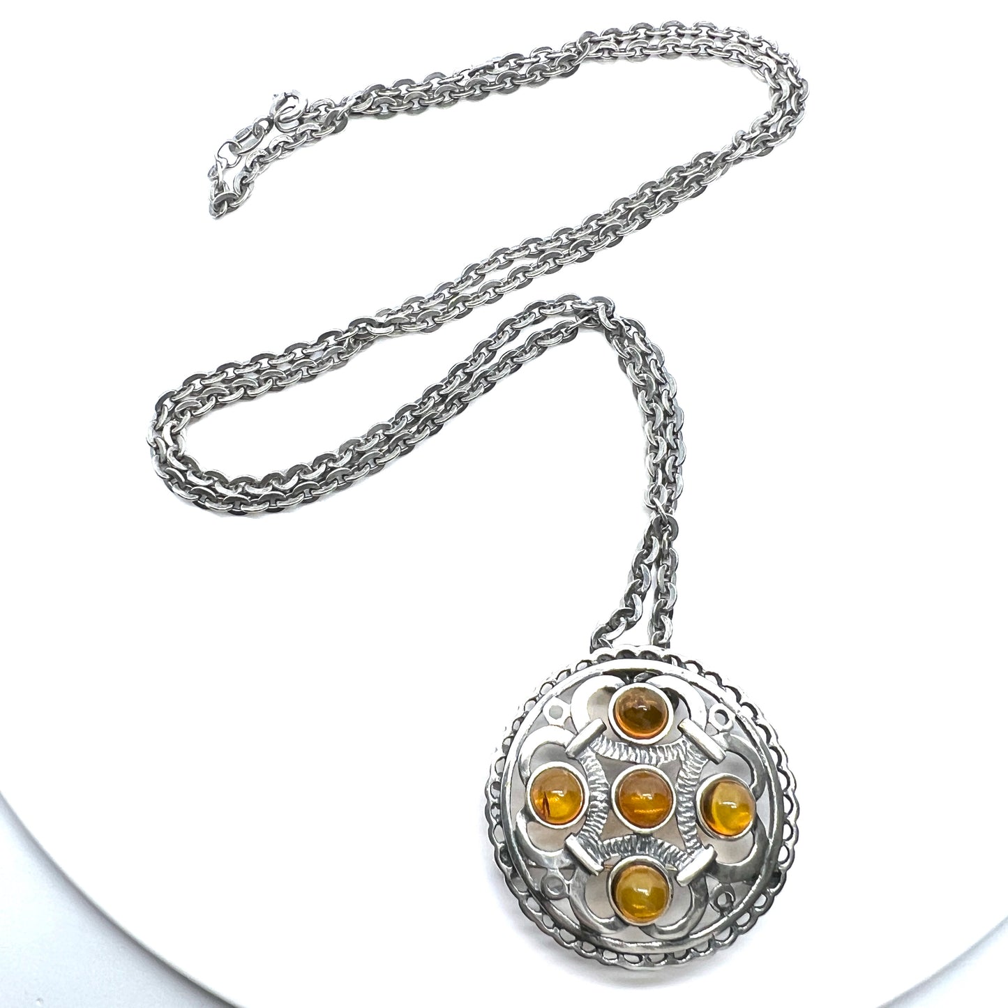 Vintage Sterling Silver Amber Pendant Long Chain Necklace.