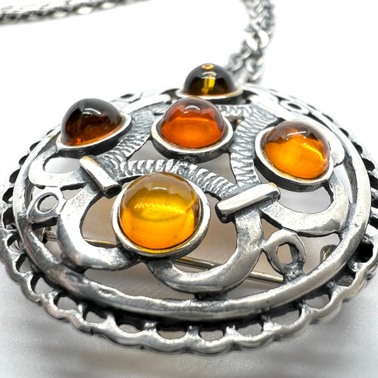 Vintage Sterling Silver Amber Pendant Long Chain Necklace.