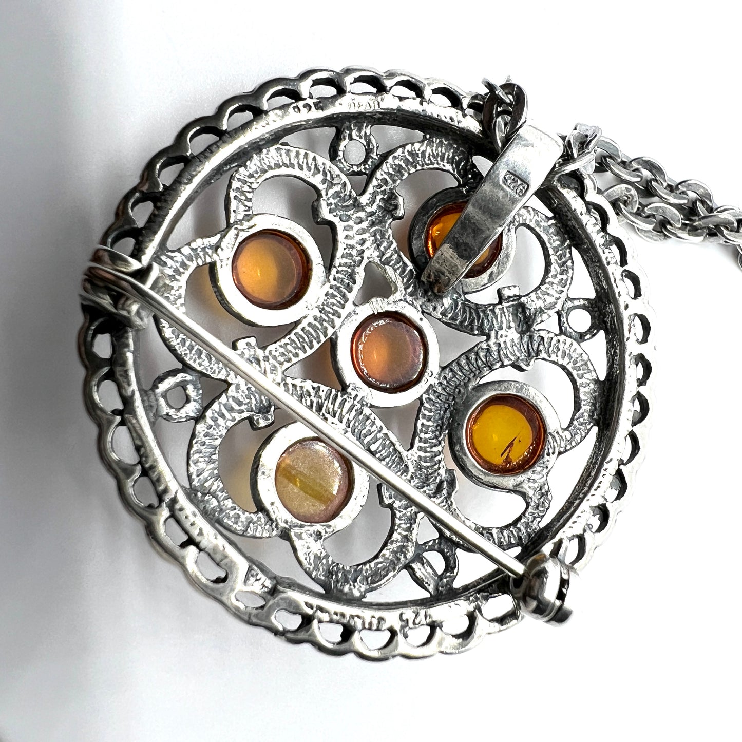 Vintage Sterling Silver Amber Pendant Long Chain Necklace.