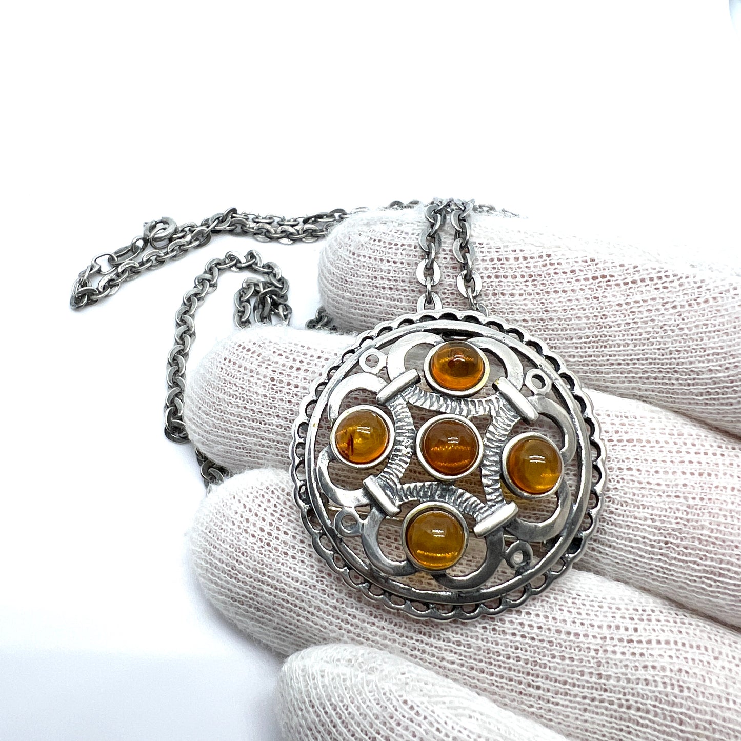 Vintage Sterling Silver Amber Pendant Long Chain Necklace.