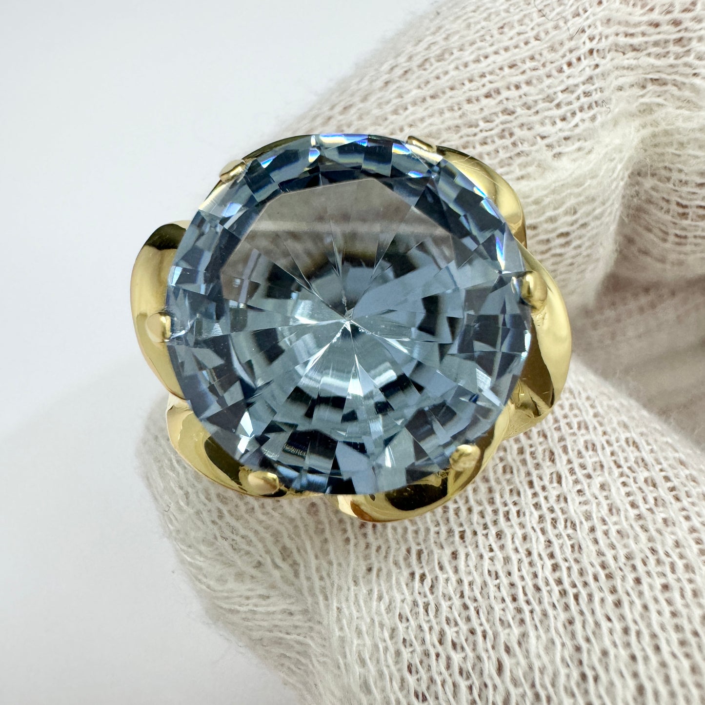 Sweden c 1960s. Vintage 18k Gold Icy Blue Synthetic Spinel Cocktail Ring.