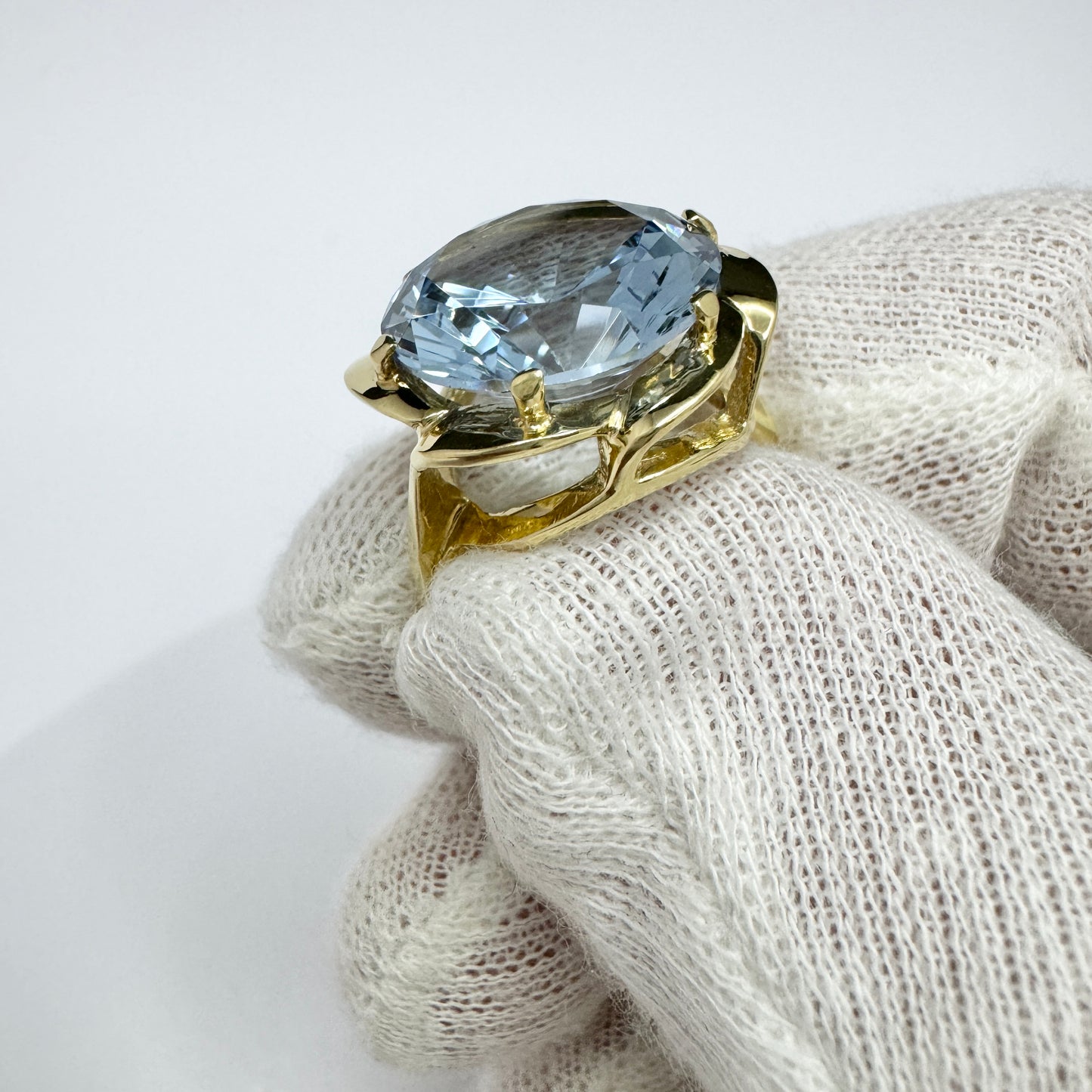 Sweden c 1960s. Vintage 18k Gold Icy Blue Synthetic Spinel Cocktail Ring.