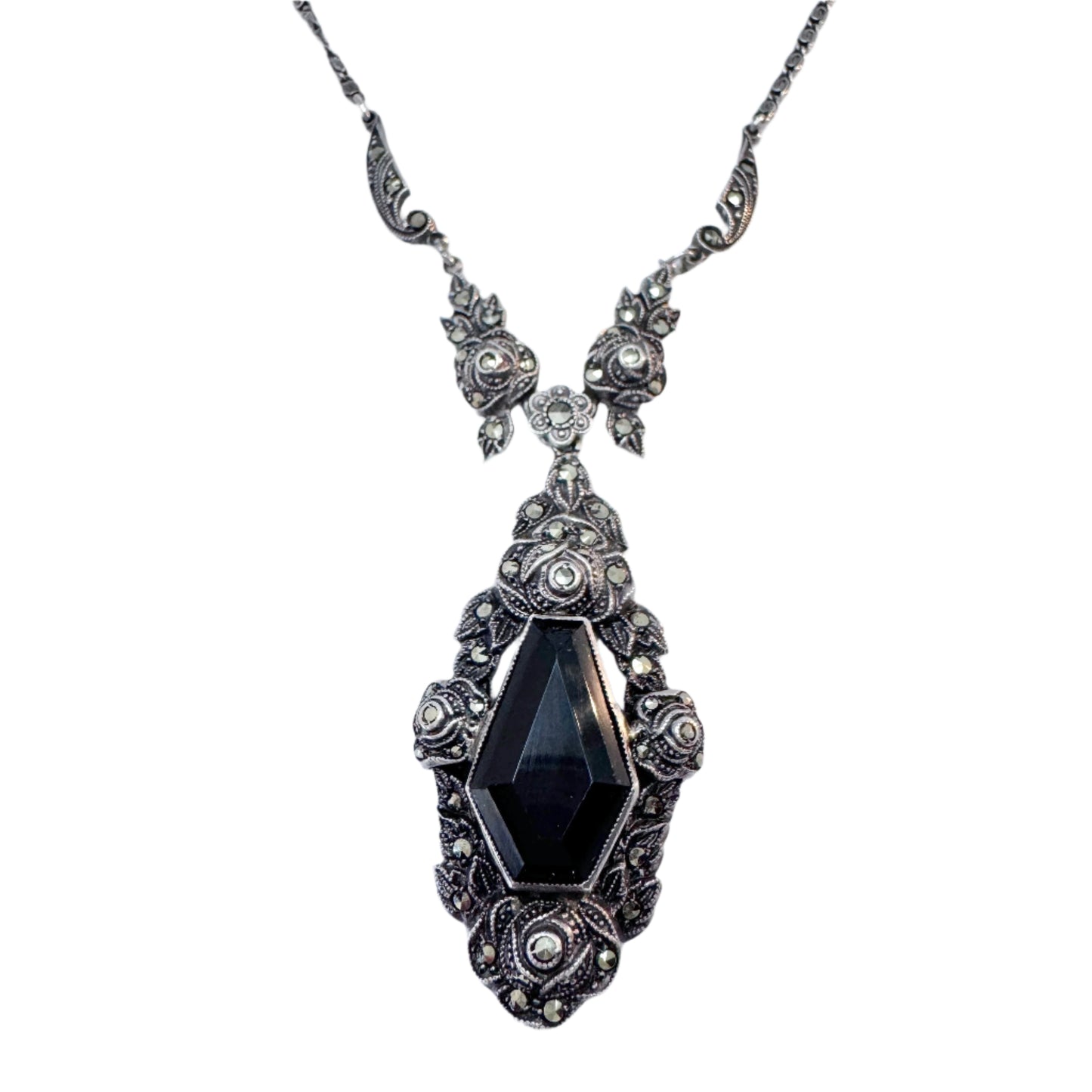 Sweden 1930-40s. Solid SIlver Onyx Marcasite Pendant Necklace.