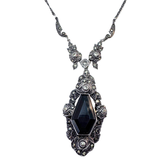 Sweden 1930-40s. Solid SIlver Onyx Marcasite Pendant Necklace.