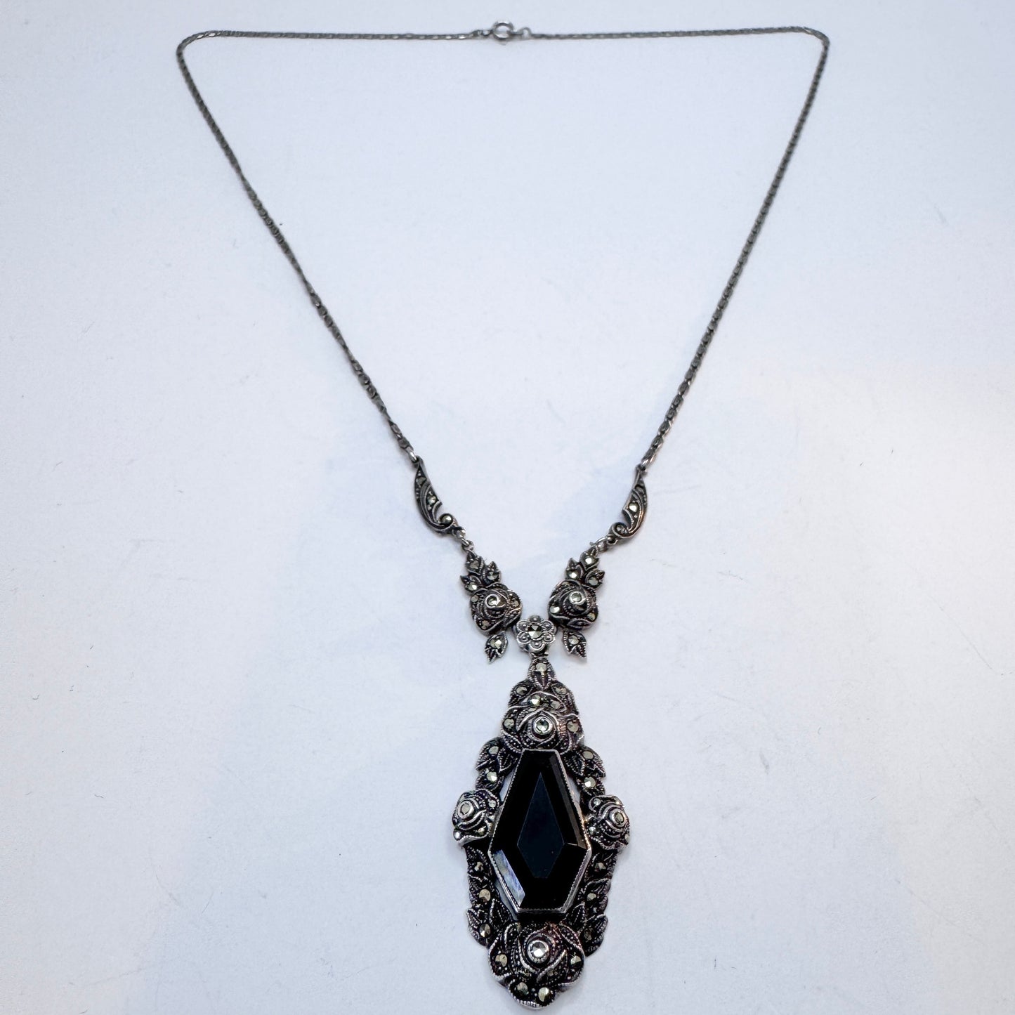 Sweden 1930-40s. Solid SIlver Onyx Marcasite Pendant Necklace.