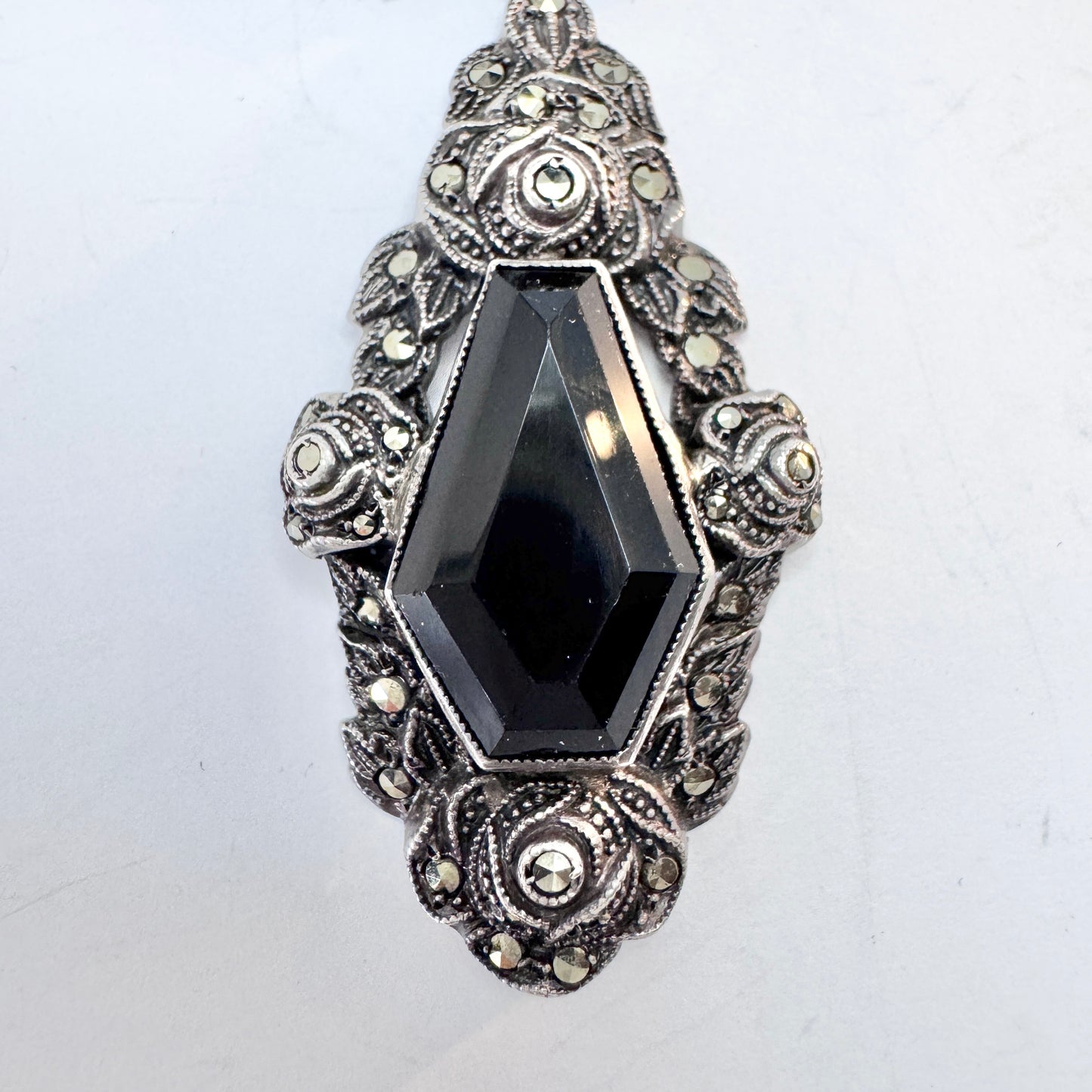 Sweden 1930-40s. Solid SIlver Onyx Marcasite Pendant Necklace.
