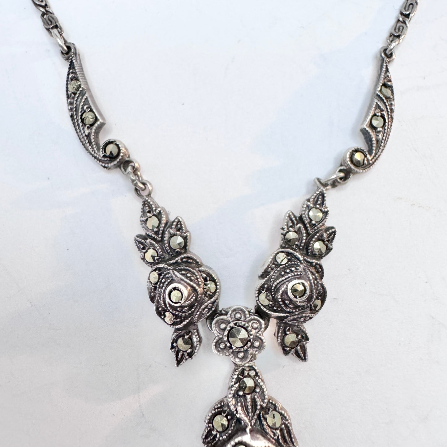 Sweden 1930-40s. Solid SIlver Onyx Marcasite Pendant Necklace.