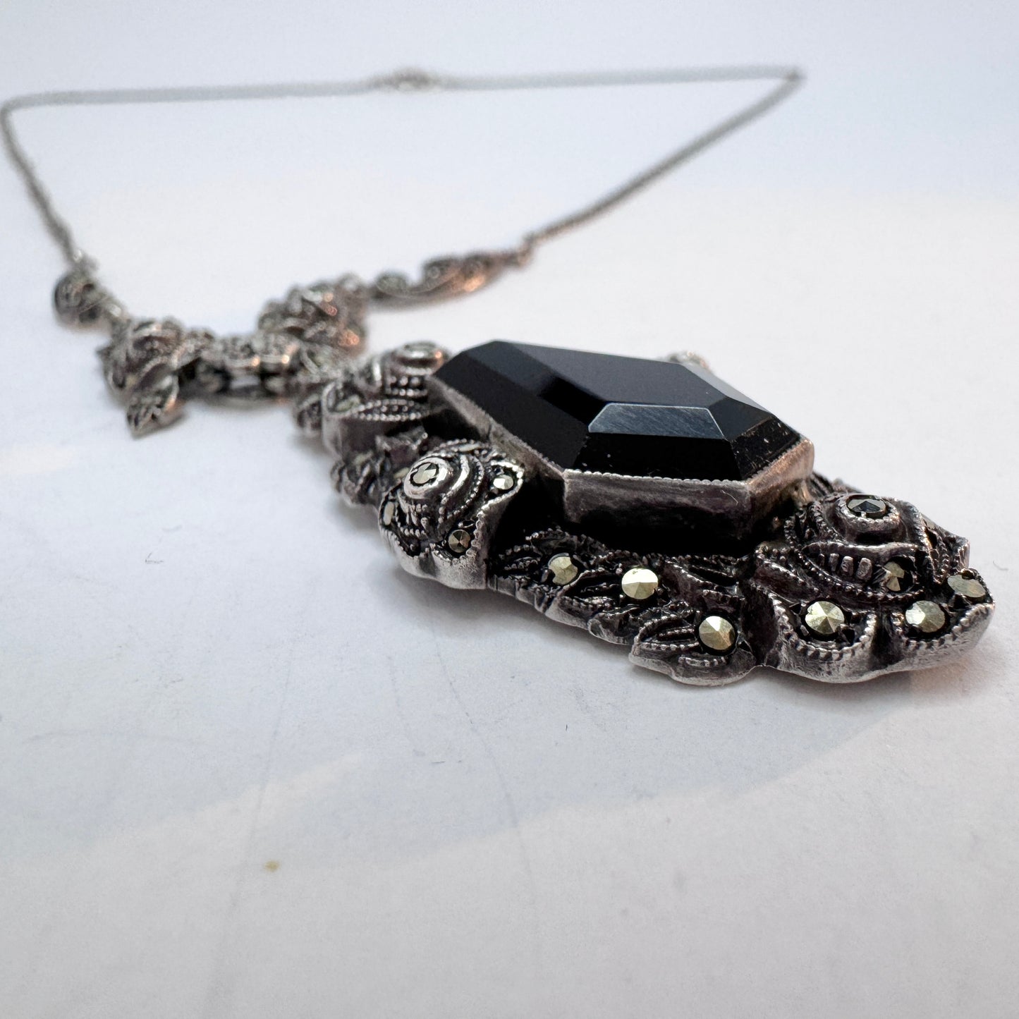 Sweden 1930-40s. Solid SIlver Onyx Marcasite Pendant Necklace.