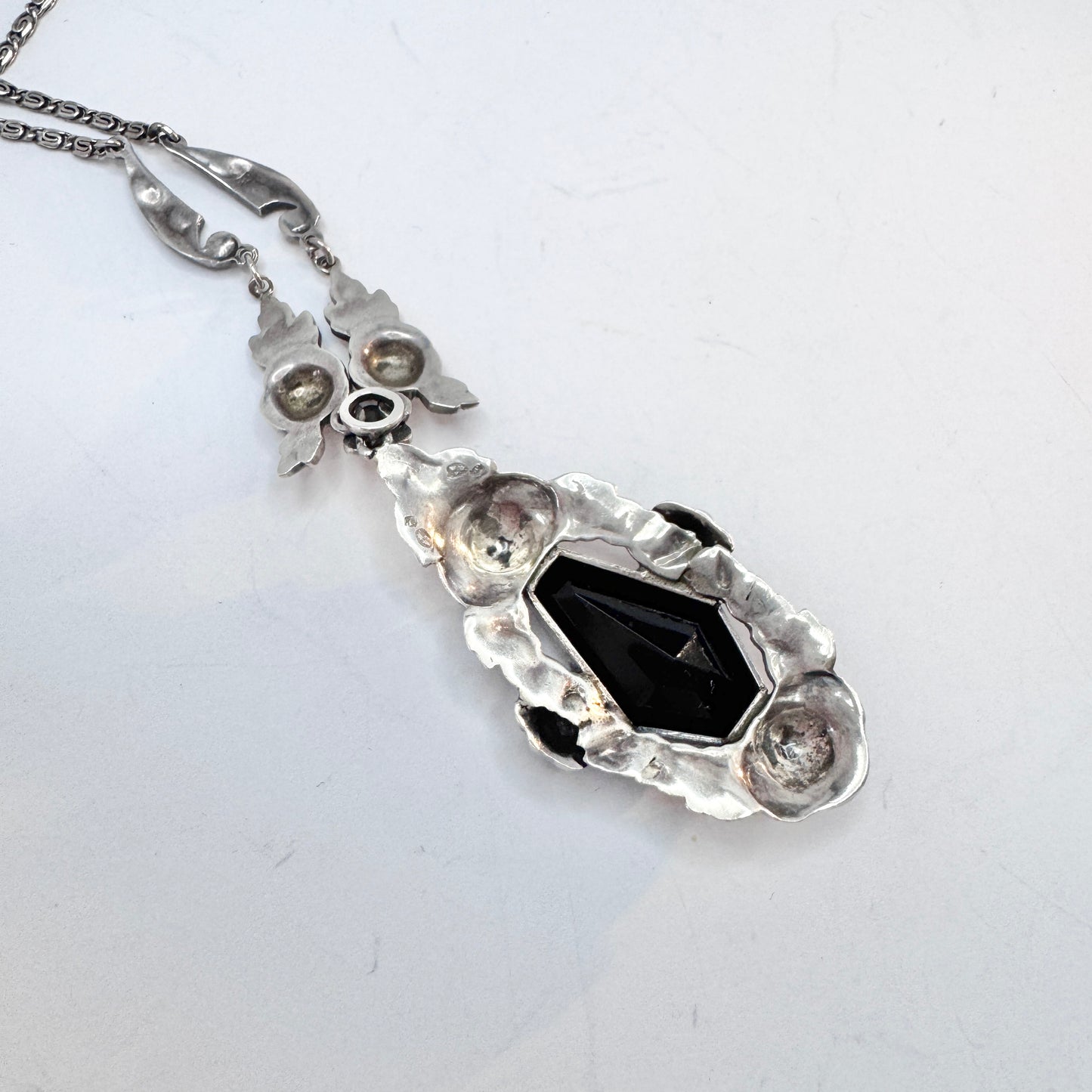 Sweden 1930-40s. Solid SIlver Onyx Marcasite Pendant Necklace.