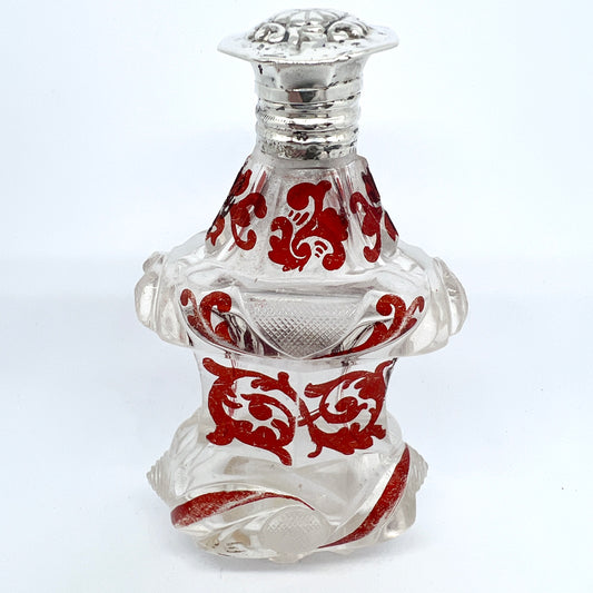 The Netherlands c 1850 Sterling Silver Ruby Stained Crystal Glass Perfume Bottle Flask. Museum Exhibition Provenance