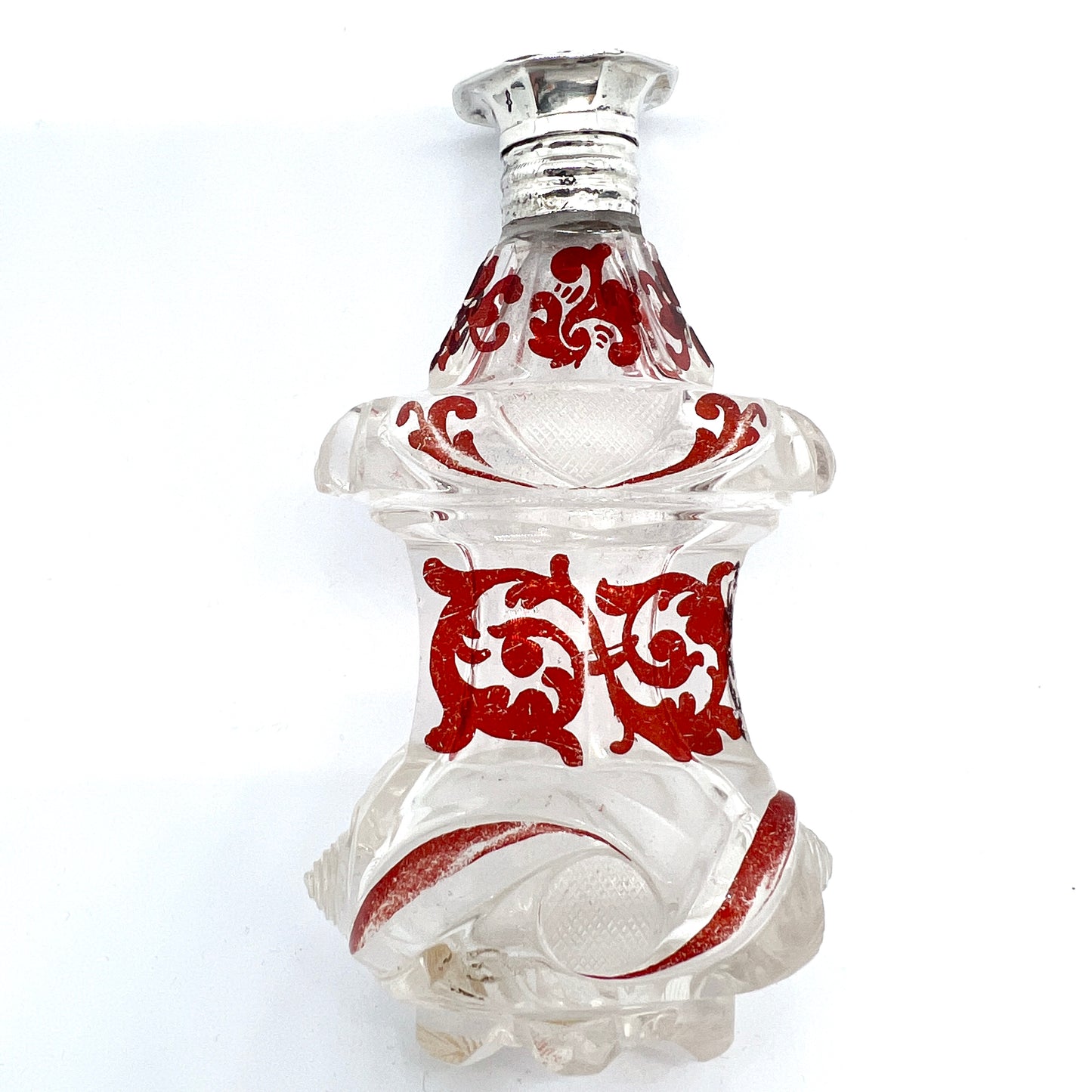 The Netherlands c 1850 Sterling Silver Ruby Stained Crystal Glass Perfume Bottle Flask. Museum Exhibition Provenance