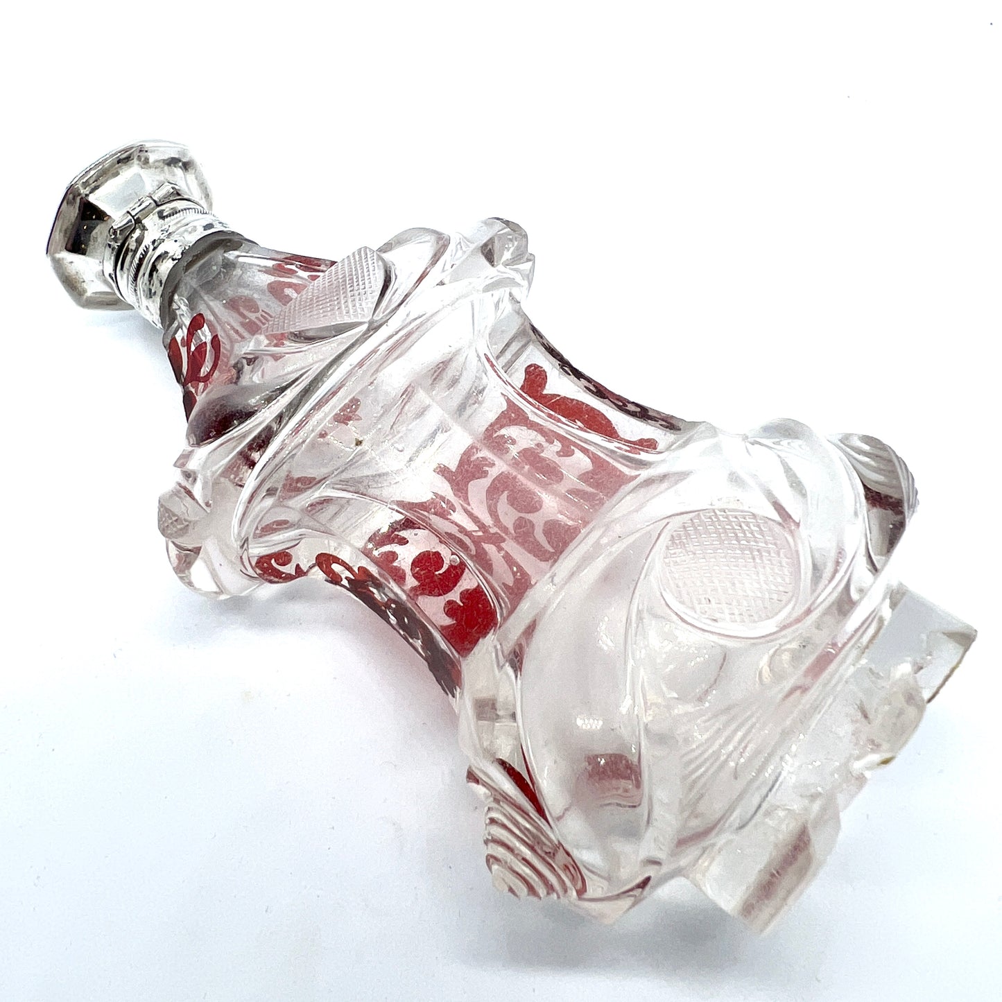 The Netherlands c 1850 Sterling Silver Ruby Stained Crystal Glass Perfume Bottle Flask. Museum Exhibition Provenance