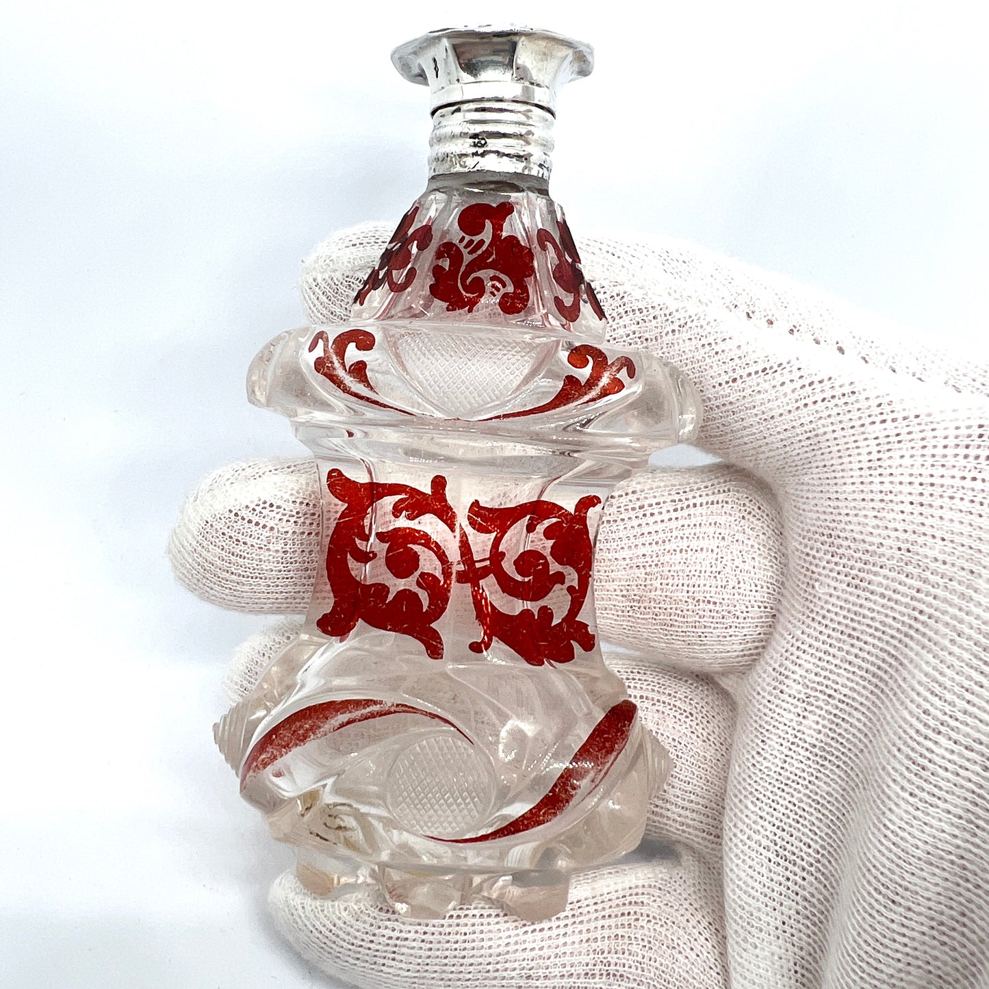 The Netherlands c 1850 Sterling Silver Ruby Stained Crystal Glass Perfume Bottle Flask. Museum Exhibition Provenance