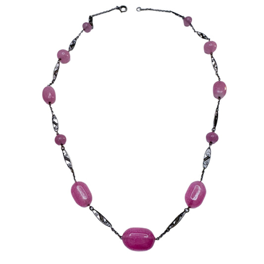 Vintage c 1930s Czech Pink Glass Silver-plated Necklace.