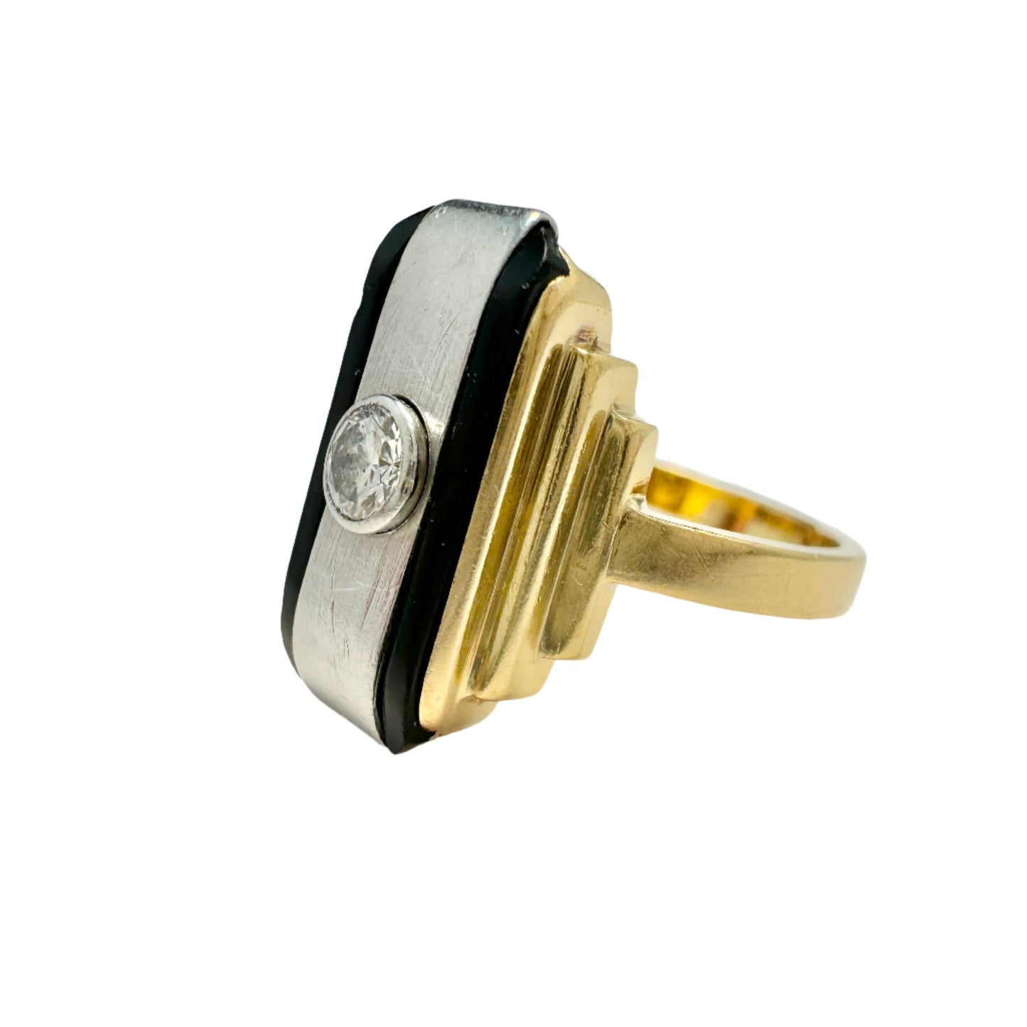 Vintage Art Deco 18k Gold Platinum Onyx Diamond Ring.