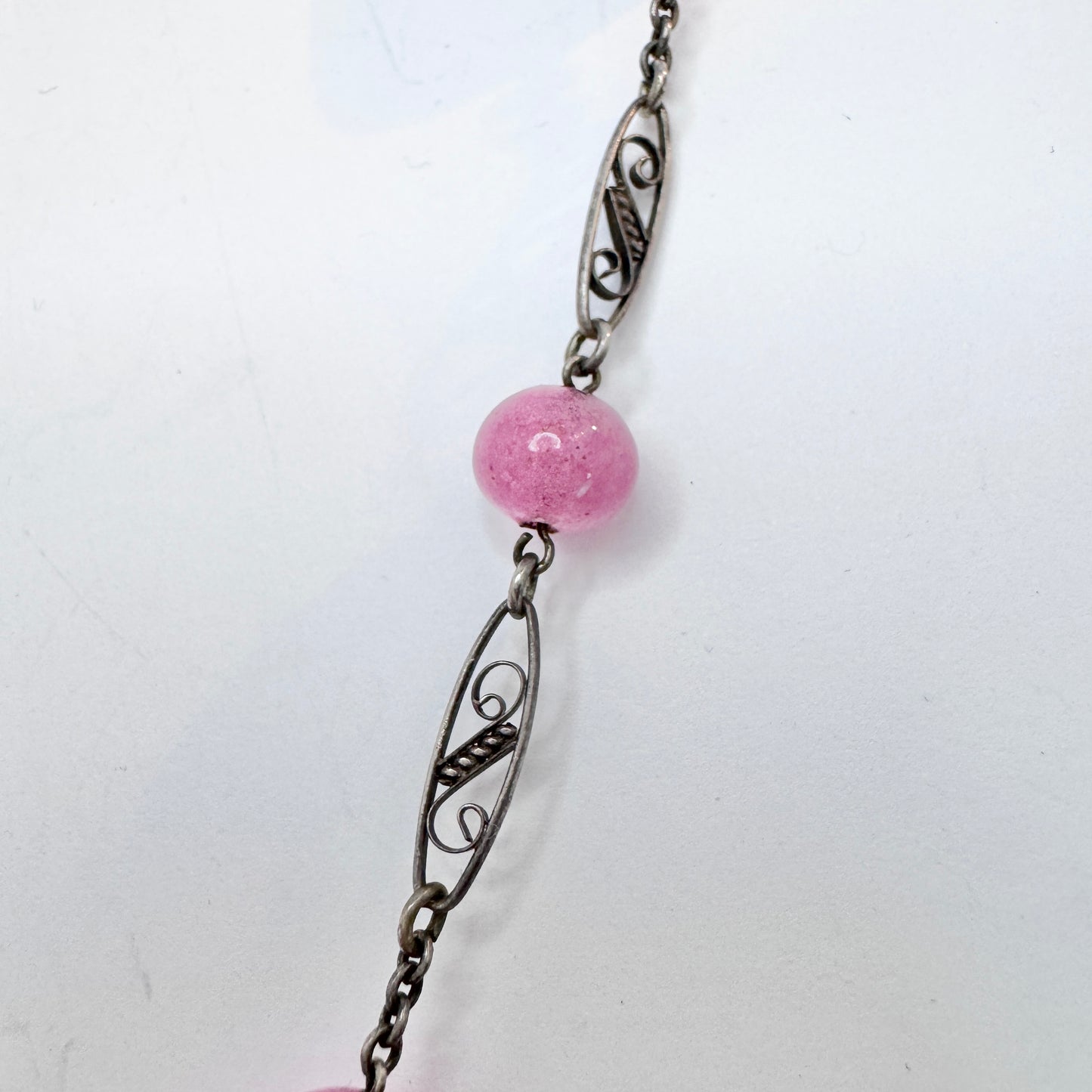 Vintage c 1930s Czech Pink Glass Silver-plated Necklace.