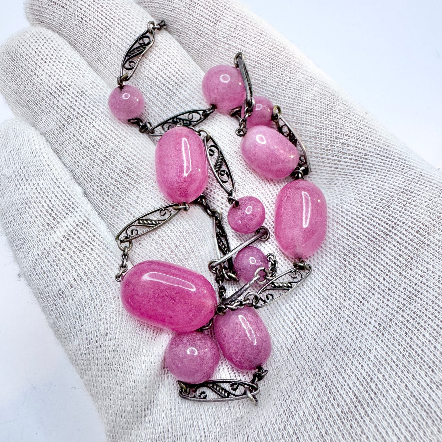 Vintage c 1930s Czech Pink Glass Silver-plated Necklace.