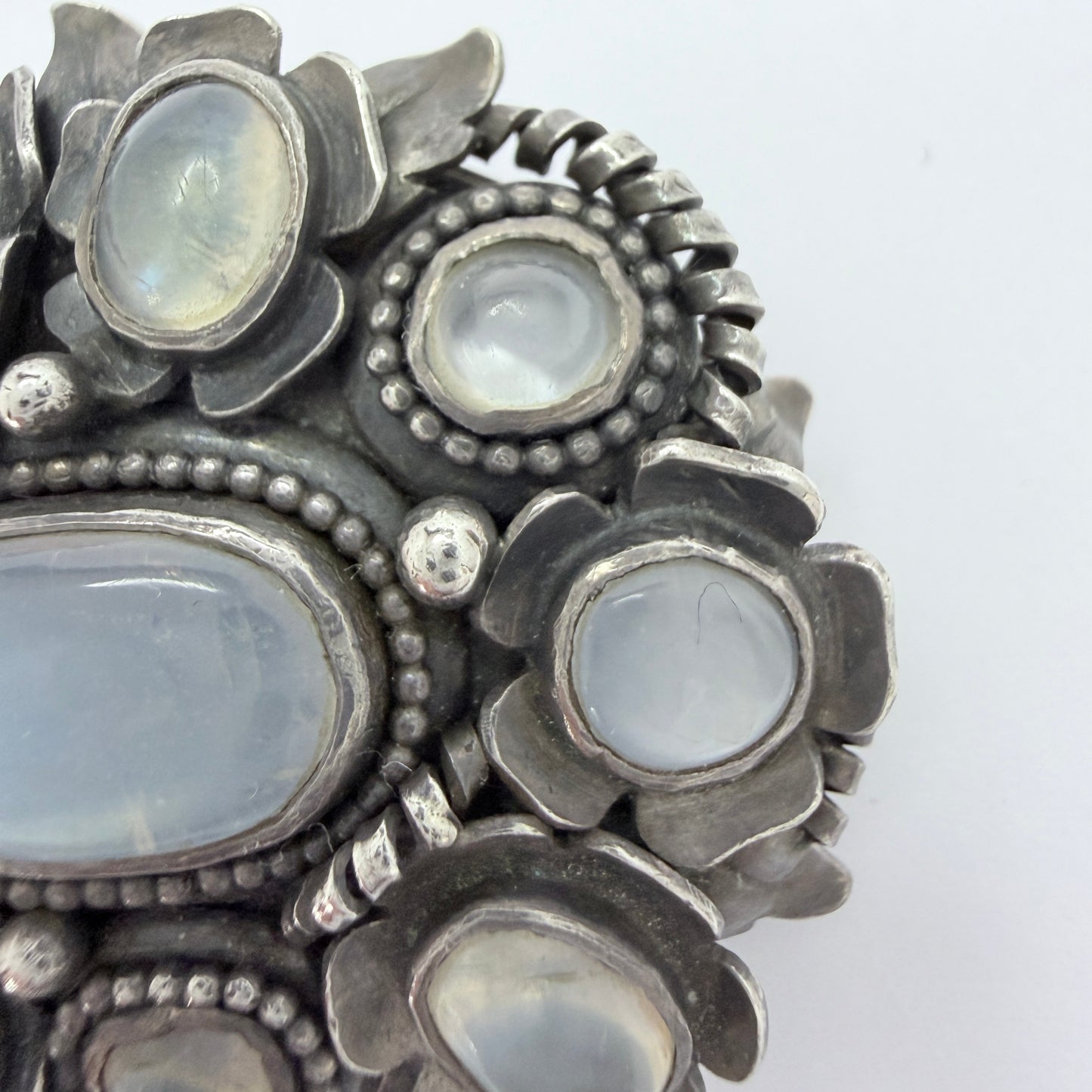Early 1900s. Vintage / Antique Solid Silver Moonstone Brooch. Prob Austro-Hungarian.