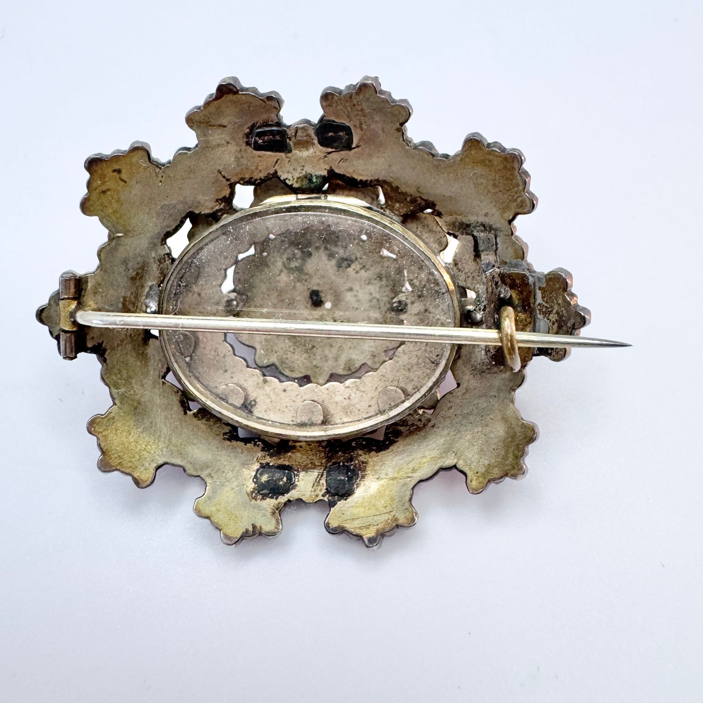 Antique Victorian Bohemian Garnet Gilt Metal Locket Brooch.