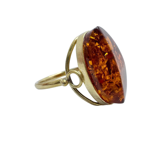 USSR, Soviet-era. Vintage Solid Gilt Sterling Silver Amber Ring.