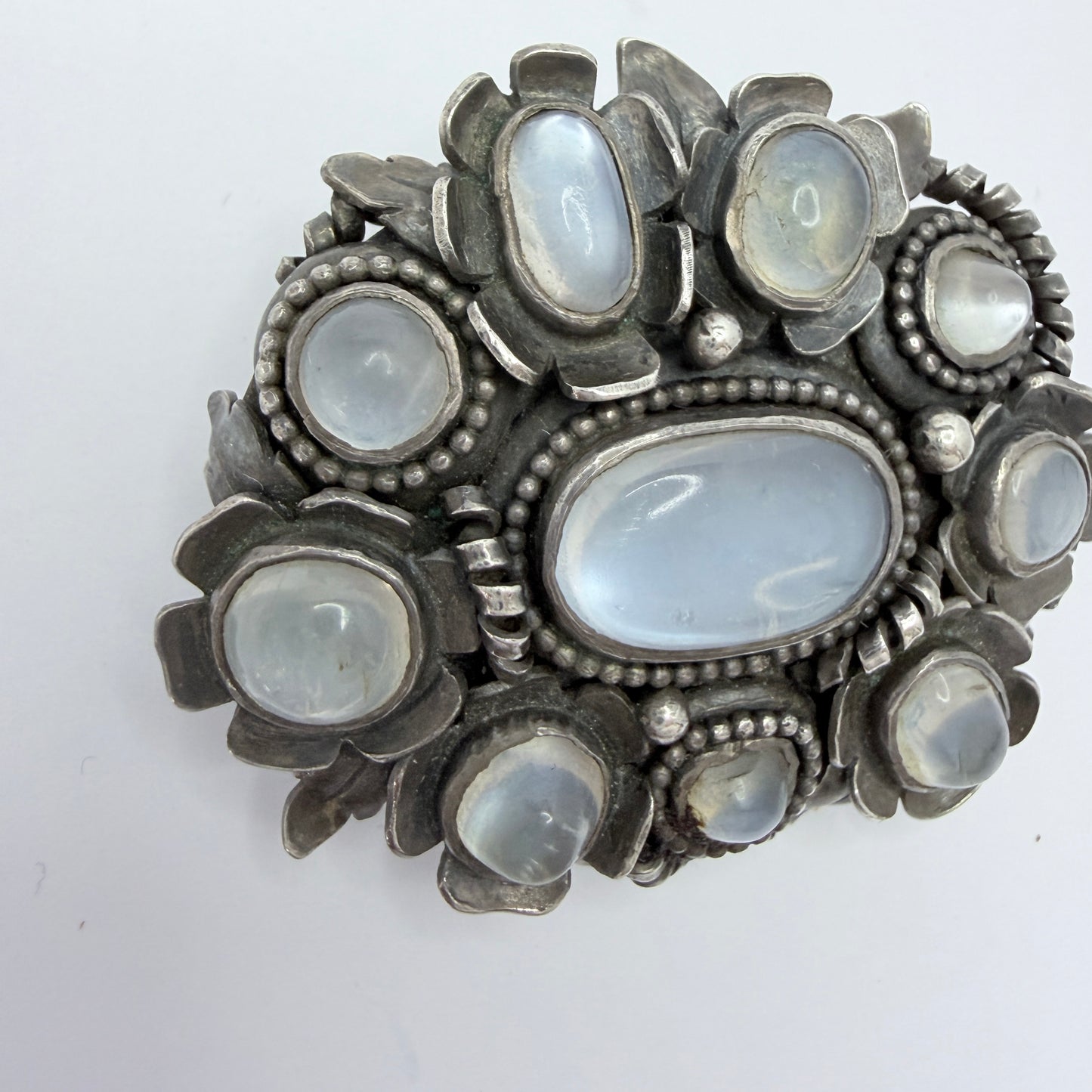 Early 1900s. Vintage / Antique Solid Silver Moonstone Brooch. Prob Austro-Hungarian.