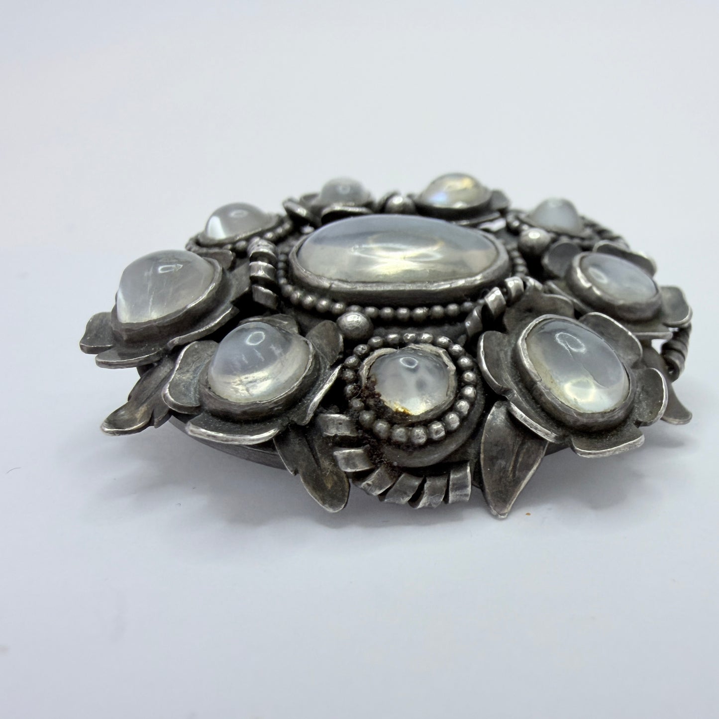 Early 1900s. Vintage / Antique Solid Silver Moonstone Brooch. Prob Austro-Hungarian.