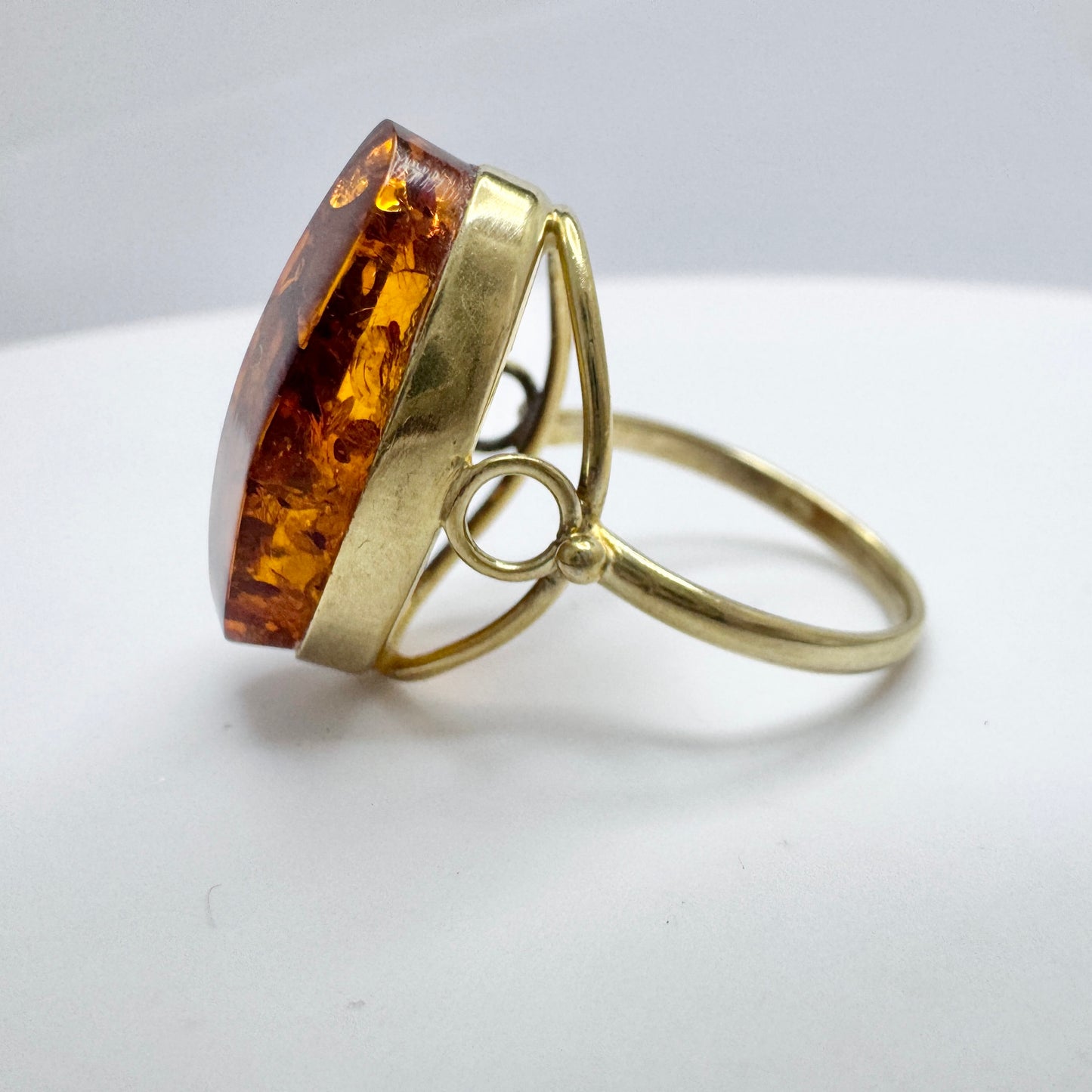 USSR, Soviet-era. Vintage Solid Gilt Sterling Silver Amber Ring.