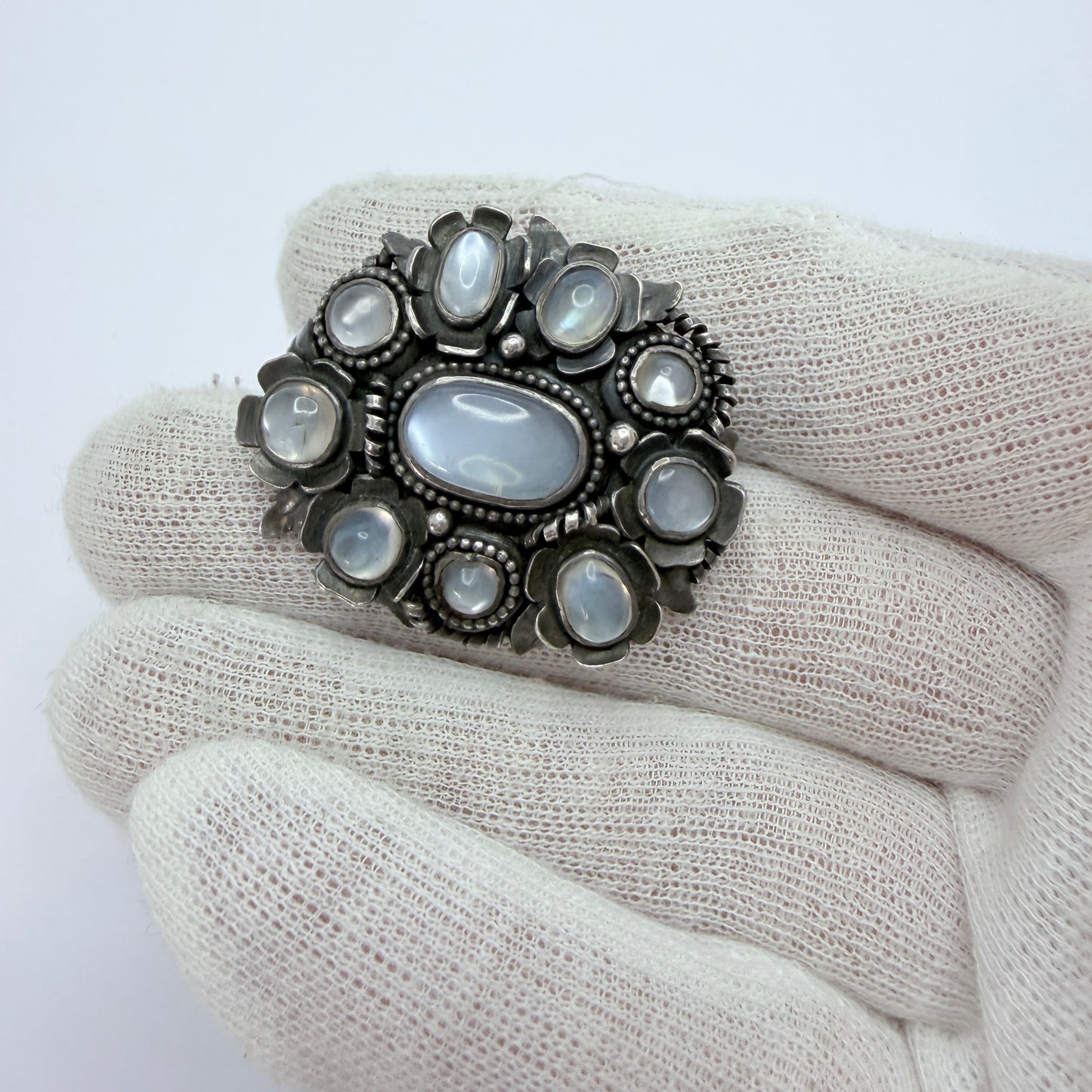 Early 1900s. Vintage / Antique Solid Silver Moonstone Brooch. Prob Austro-Hungarian.