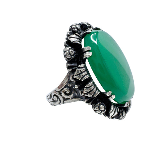 Sweden 1940-50s Vintage Solid Silver Green Chrysoprase Cocktail Ring.