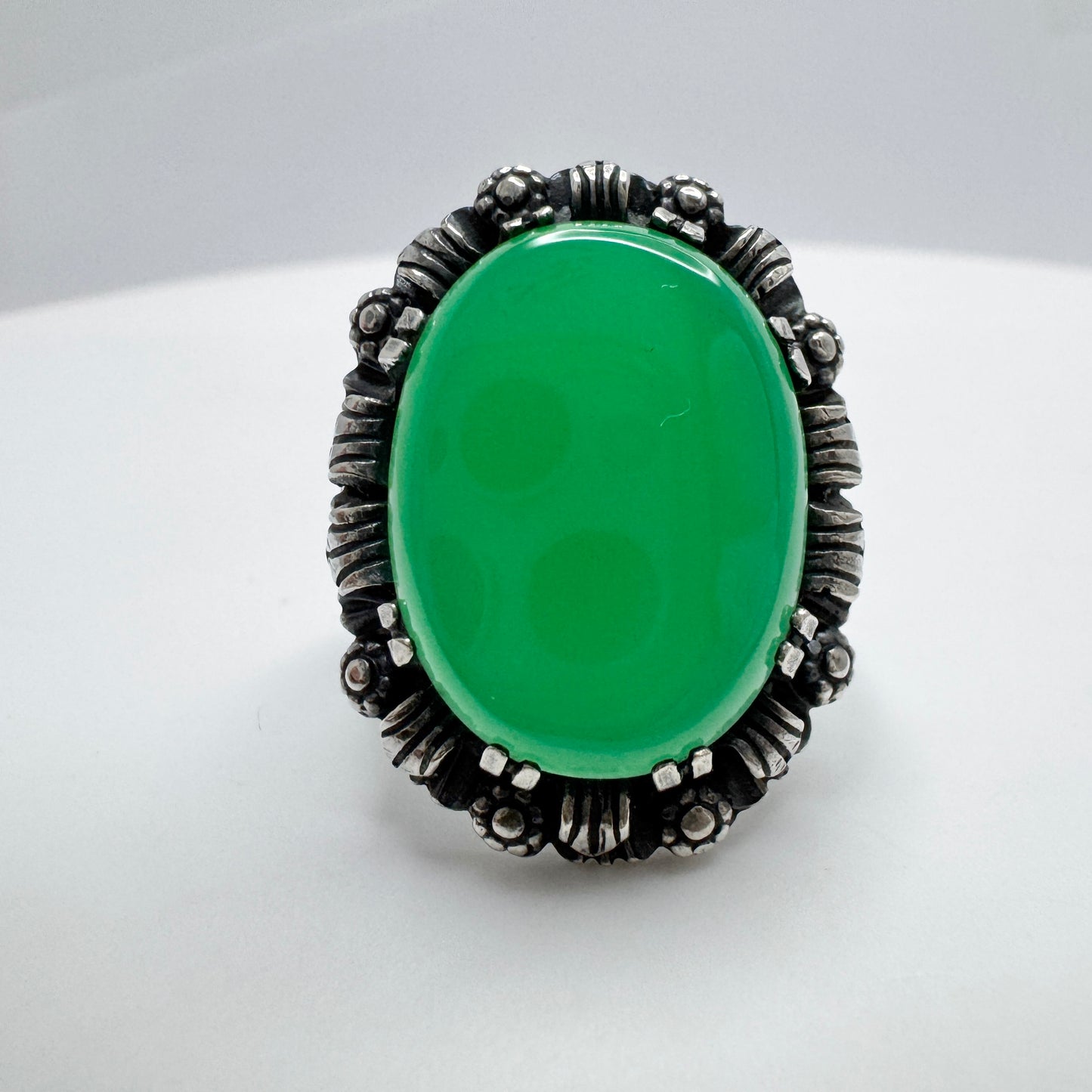 Sweden 1940-50s Vintage Solid Silver Green Chrysoprase Cocktail Ring.