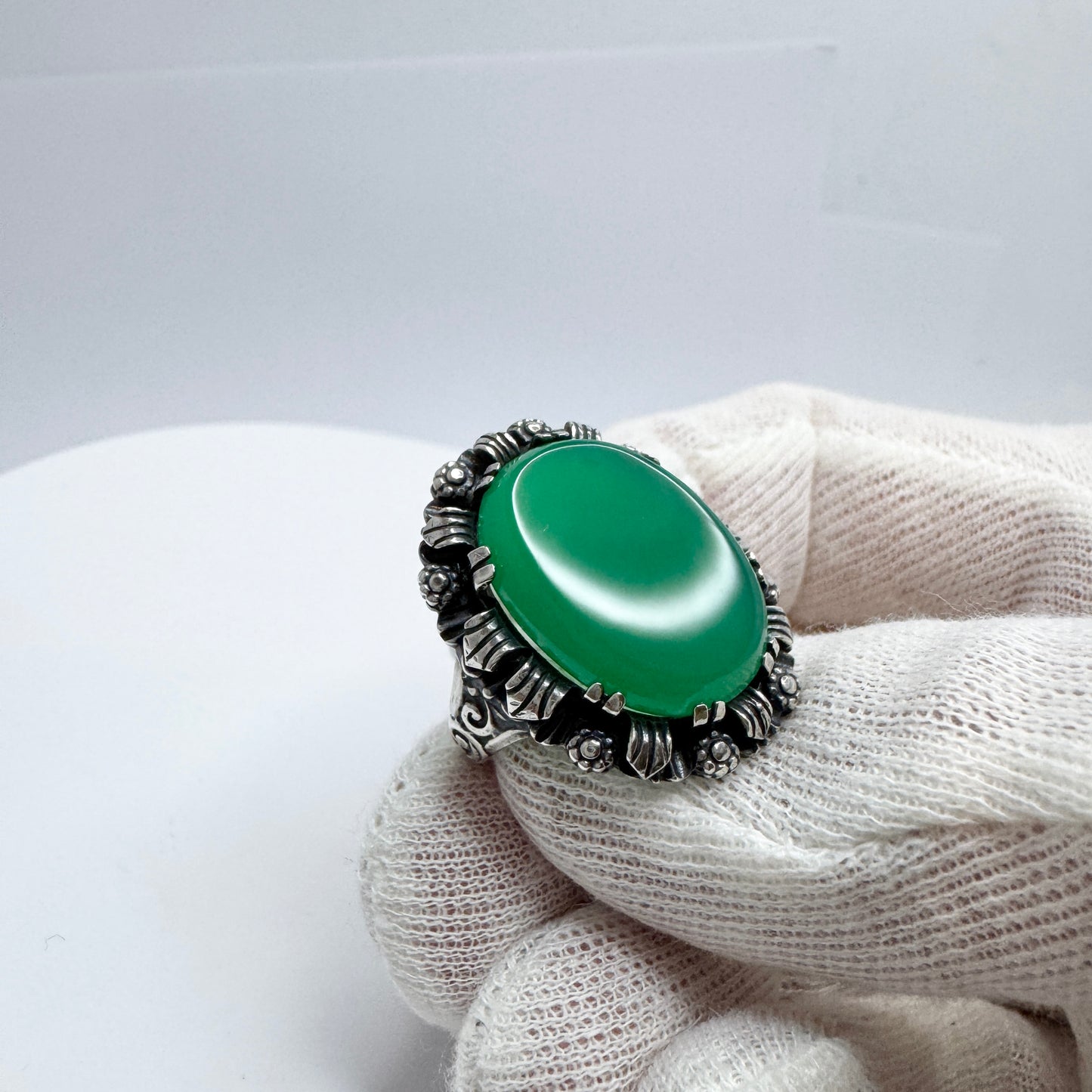 Sweden 1940-50s Vintage Solid Silver Green Chrysoprase Cocktail Ring.