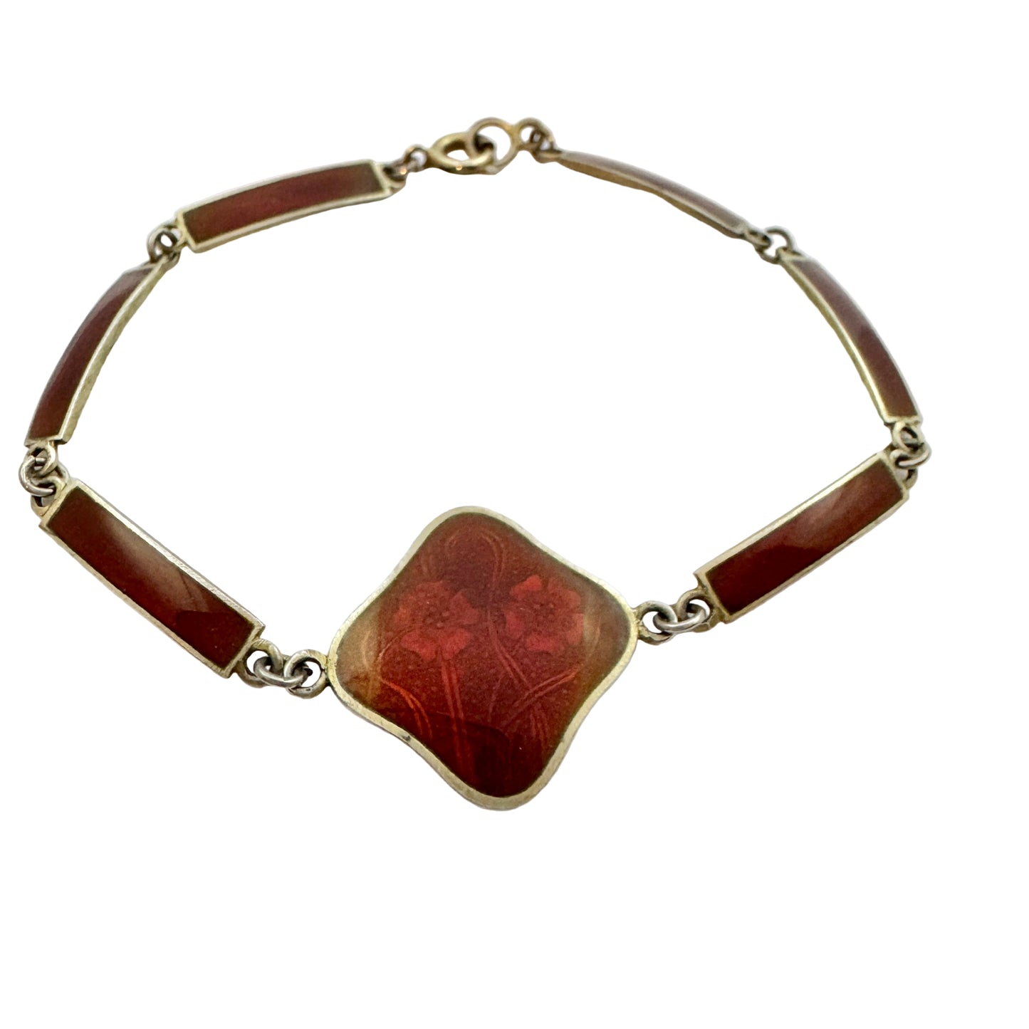 Norsk Filigransfabrikk, Norway 1920s. Art Nouveau Sterling Silver Red Enamel Bracelet.