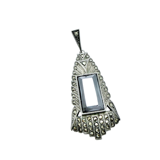 Vintage Art Deco Solid Silver Onyx Marcasite Pendant.
