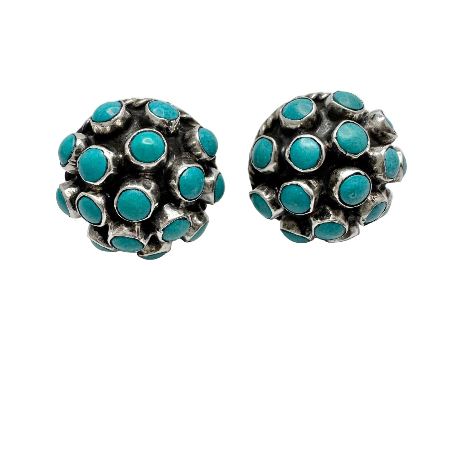 MS, Mexico c 1950s. Bold Vintage Sterling Silver Turquoise Earrings.