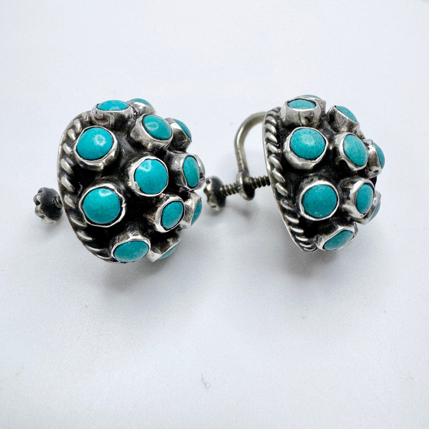 MS, Mexico c 1950s. Bold Vintage Sterling Silver Turquoise Earrings.