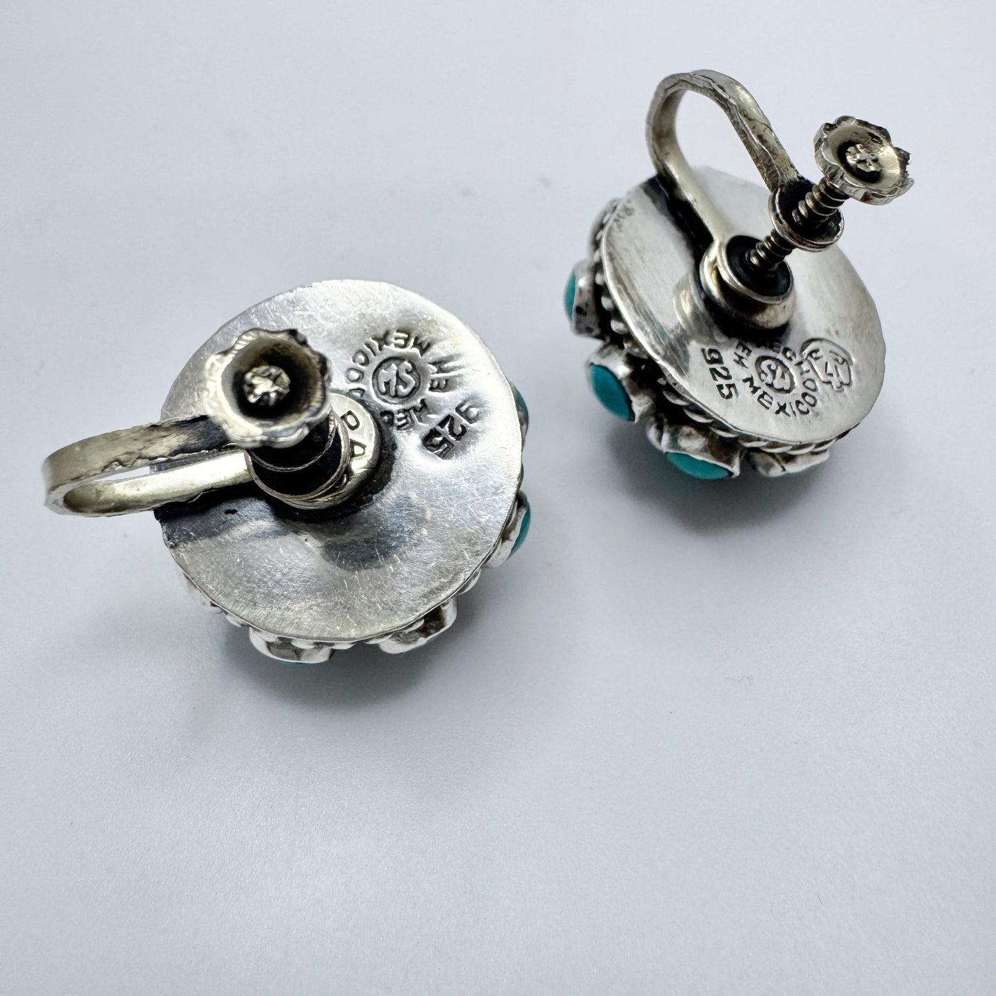 MS, Mexico c 1950s. Bold Vintage Sterling Silver Turquoise Earrings.