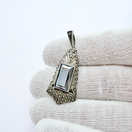 Vintage Art Deco Solid Silver Onyx Marcasite Pendant.