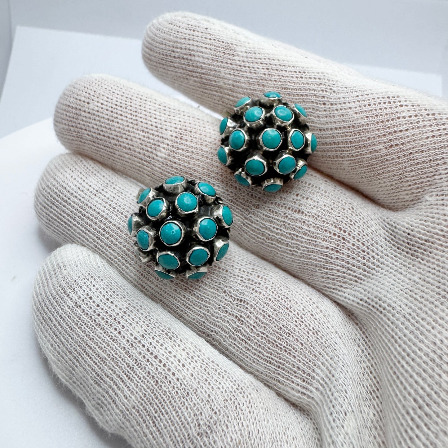 MS, Mexico c 1950s. Bold Vintage Sterling Silver Turquoise Earrings.