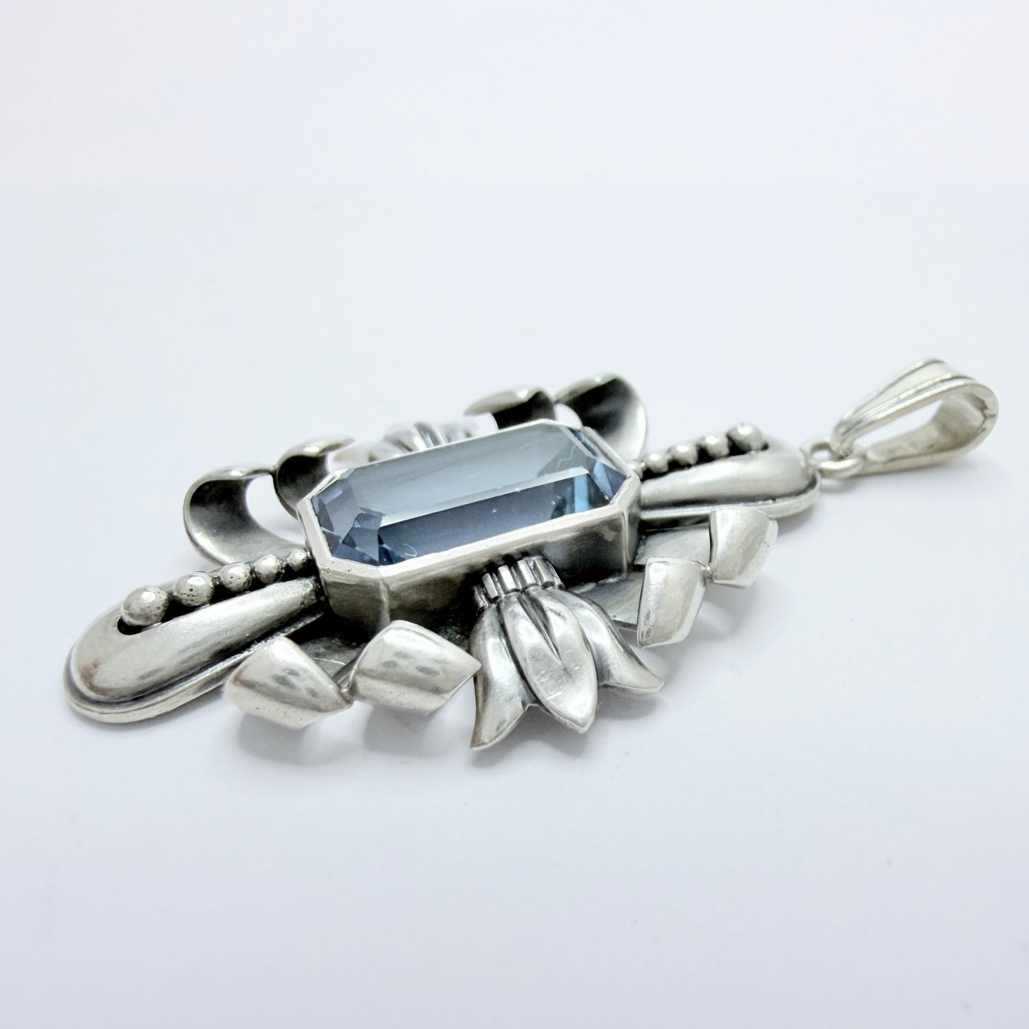 K & E Carlson, Sweden 1940s. Solid Silver Blue Synthetic Spinel Pendant.