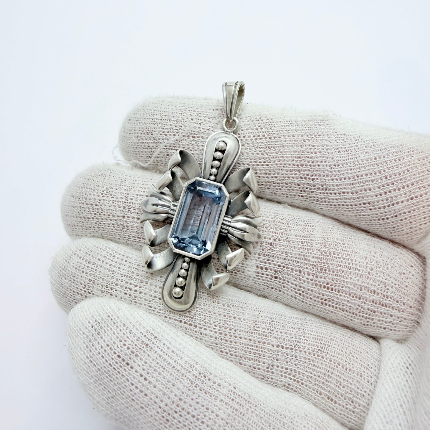 K & E Carlson, Sweden 1940s. Solid Silver Blue Synthetic Spinel Pendant.
