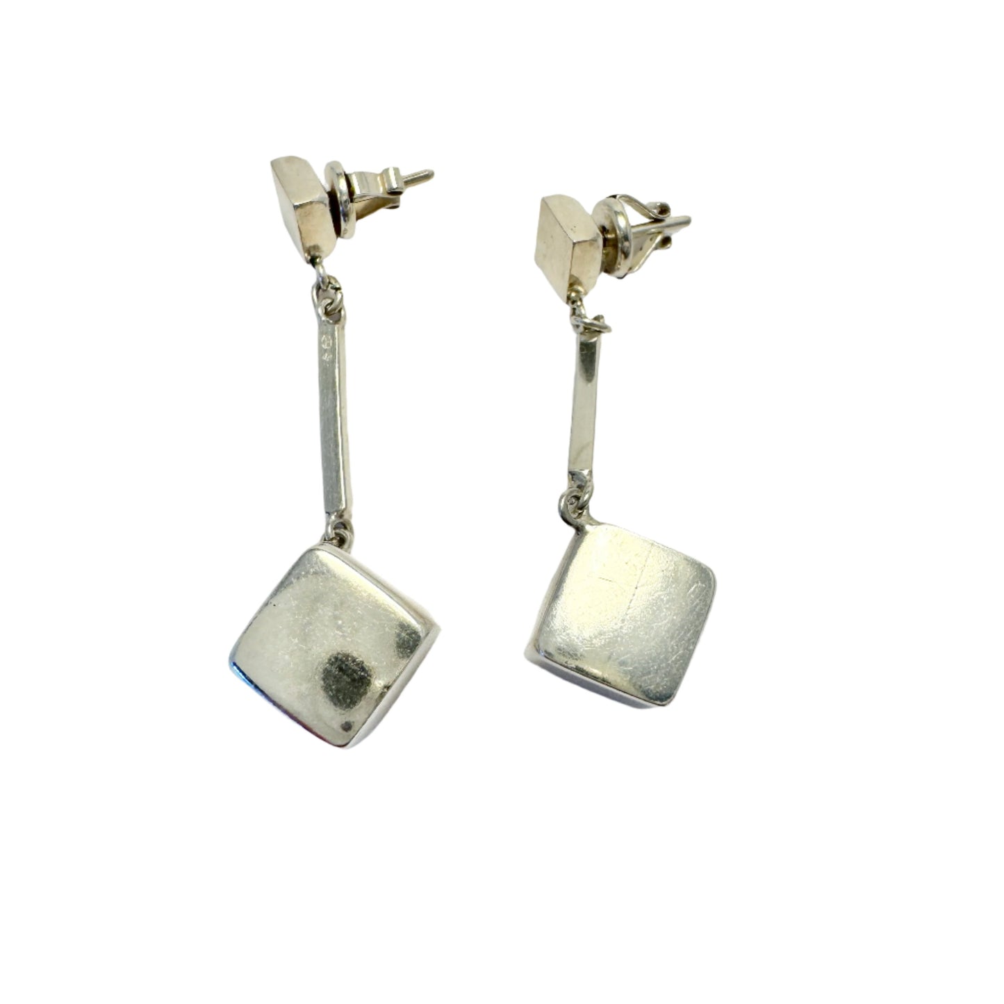 Sweden c 1980s. Vintage Sterling Silver Cube Dangle Earrings.