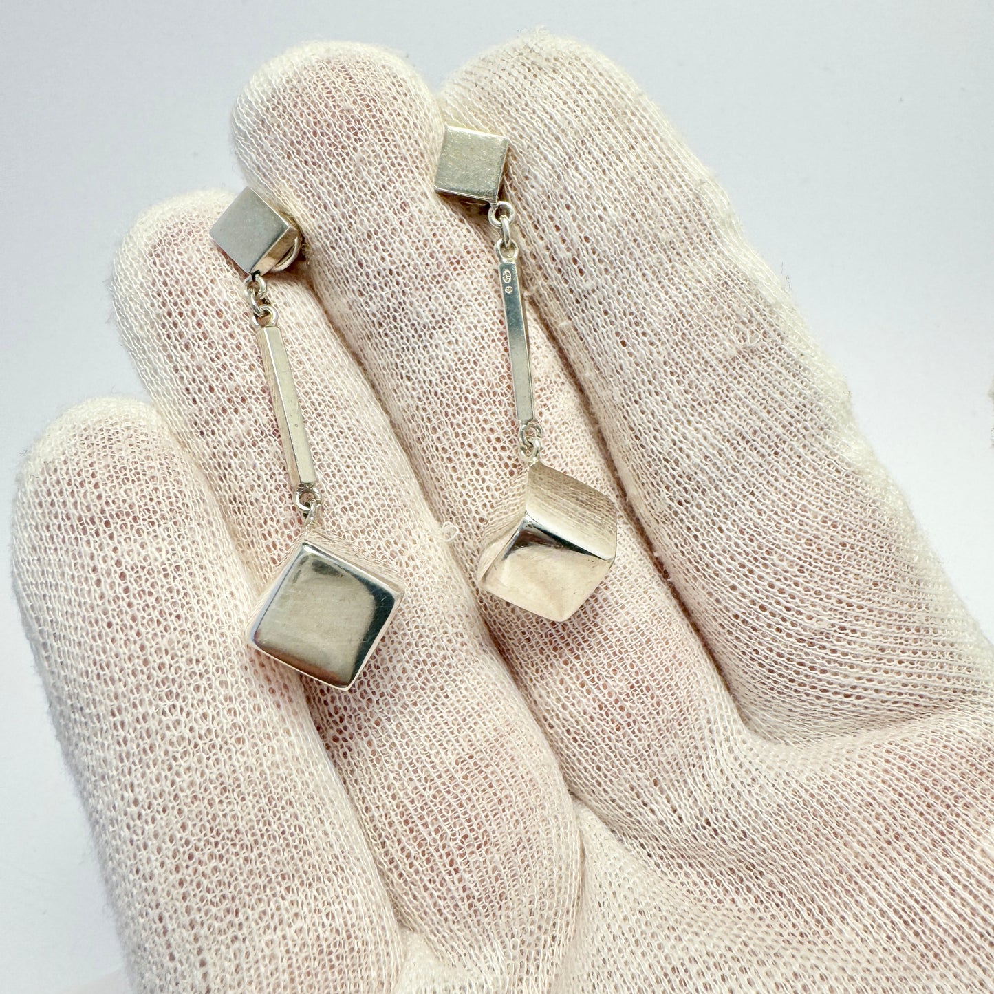 Sweden c 1980s. Vintage Sterling Silver Cube Dangle Earrings.