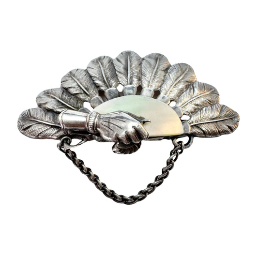 Antique Victorian Solid Silver MoP Fan Brooch.