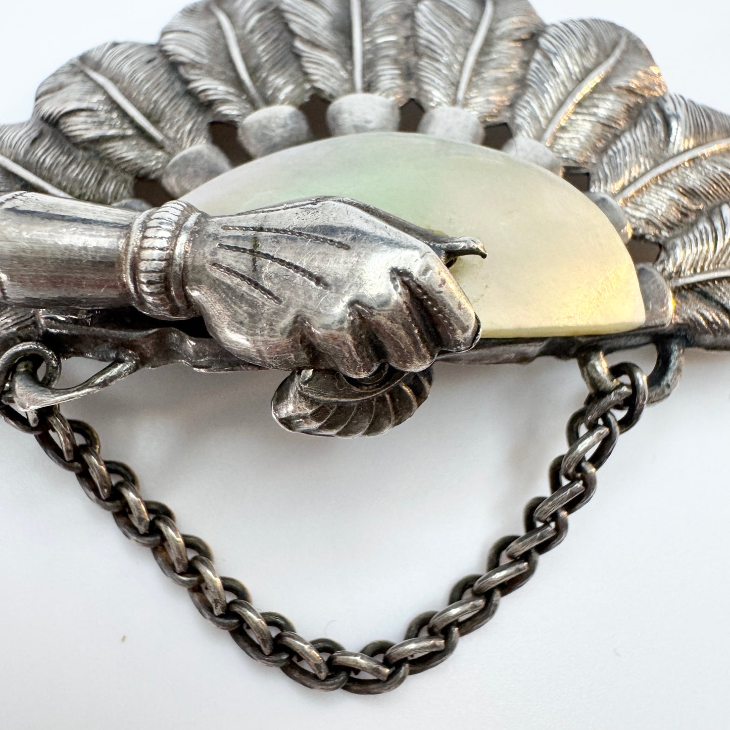 Antique Victorian Solid Silver MoP Fan Brooch.