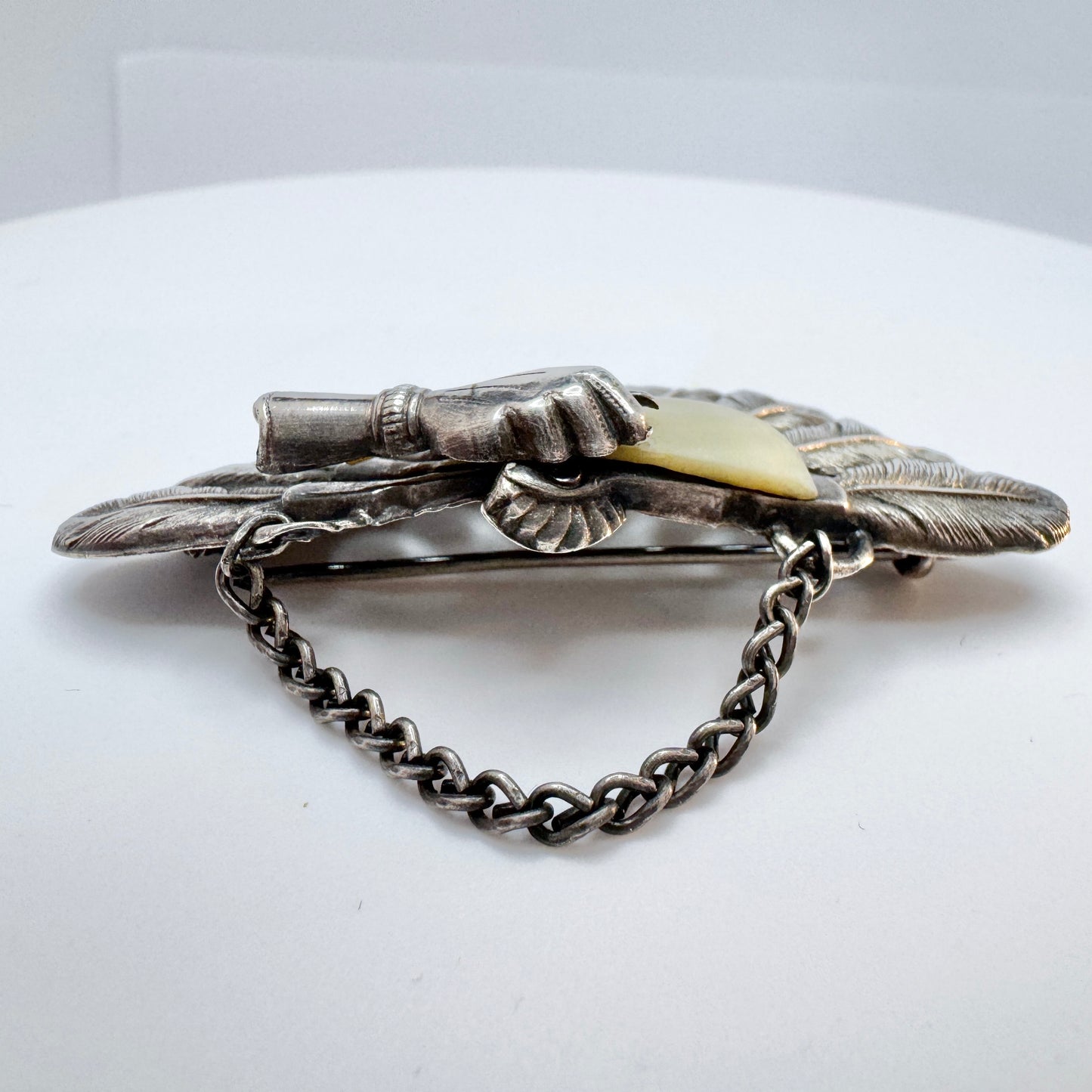 Antique Victorian Solid Silver MoP Fan Brooch.