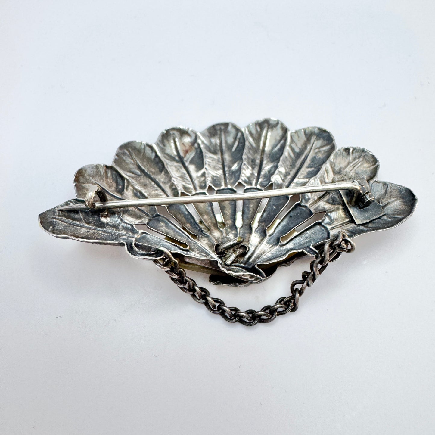 Antique Victorian Solid Silver MoP Fan Brooch.