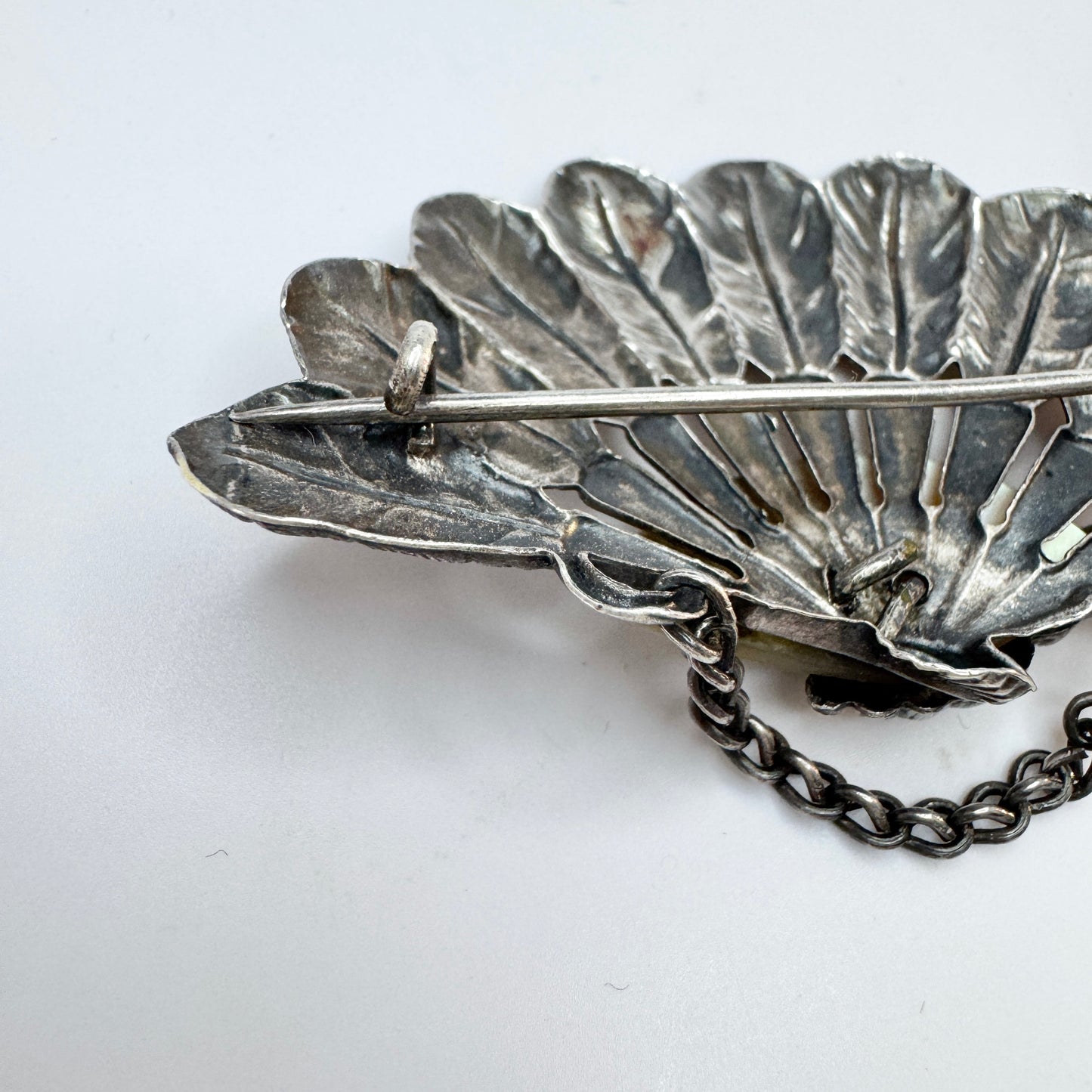 Antique Victorian Solid Silver MoP Fan Brooch.
