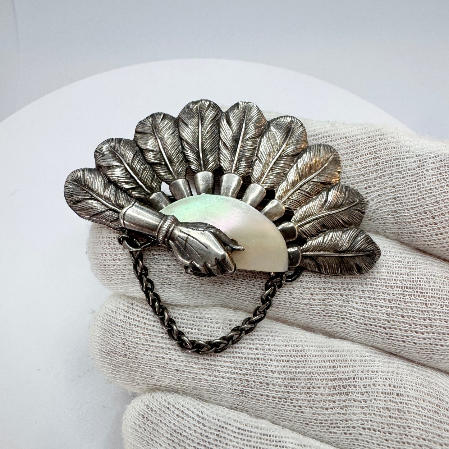 Antique Victorian Solid Silver MoP Fan Brooch.