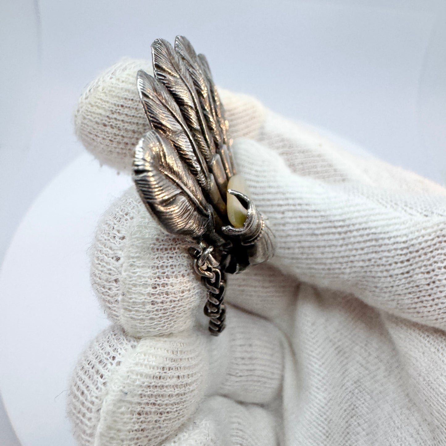 Antique Victorian Solid Silver MoP Fan Brooch.