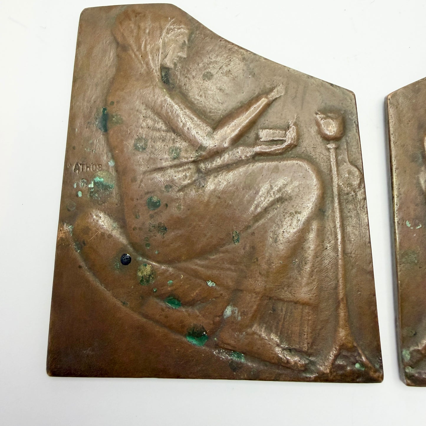 Two Antique Bronze Plaques. Marked ATHOS